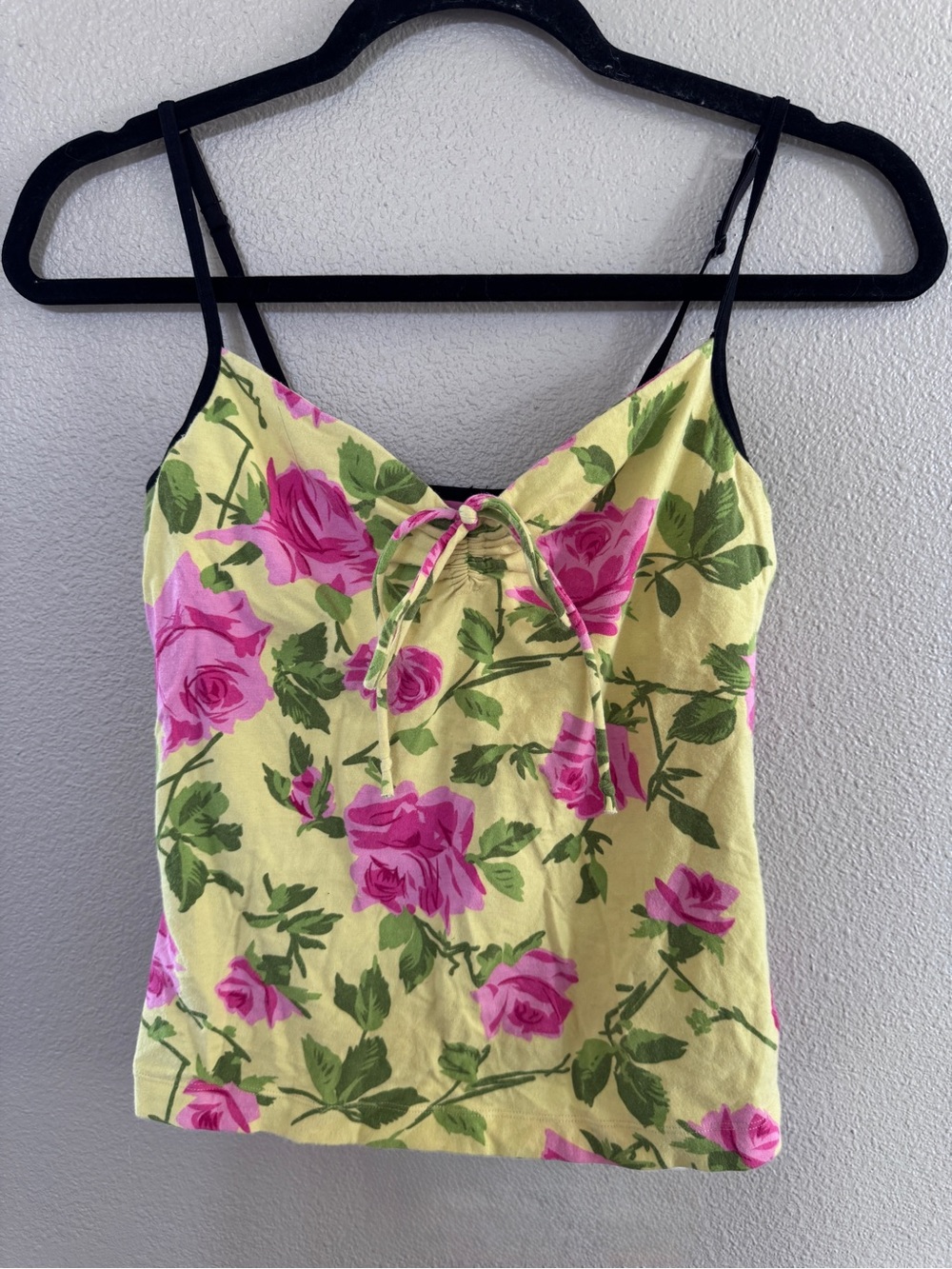 Vintage Betsey Johnson Yellow Floral Tie-Front Camisole with Pink Roses